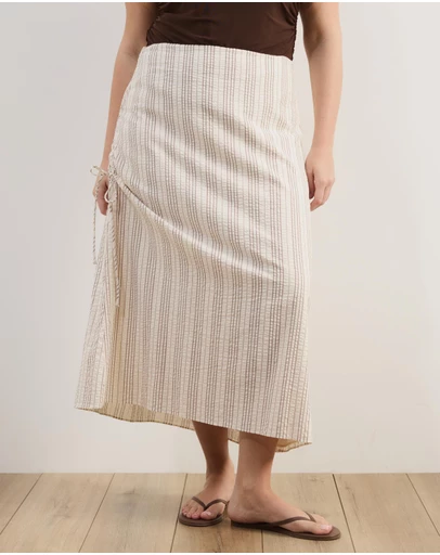 Atmos&Here Curvy - Sally Striped Cotton Ruched Side Tie Midi Skirt