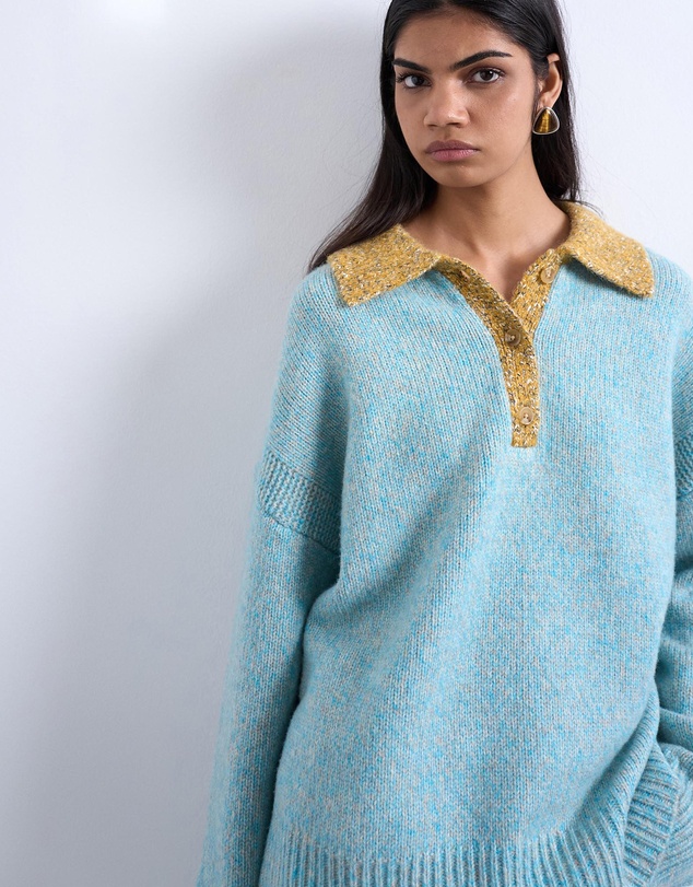 TOPSHOP - Knitted Oversized Twist Yarn Contrast Collar Polo