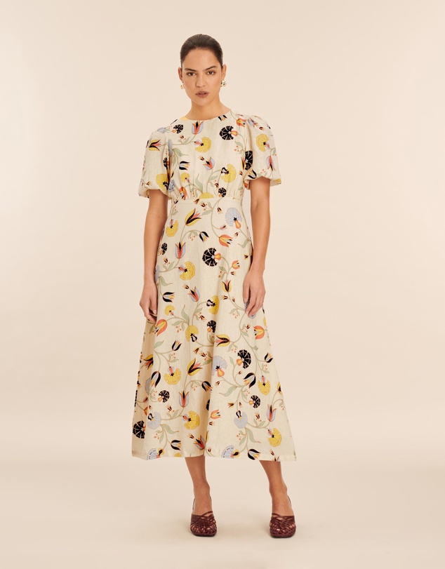 AERE - Linen Puff Sleeve Midi Dress