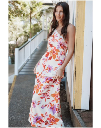 Petal & Pup - Carla One Shoulder Midi Dress - Orange Pink Floral