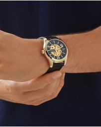 Michael Hill - Michael Hill Automatic Skeleton Watch In Gold Tone Stainless Steel And Leather