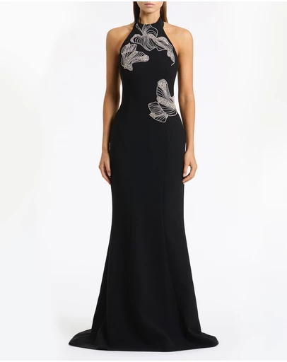 Carla Zampatti - Black Crepe Embellished Halter Gown