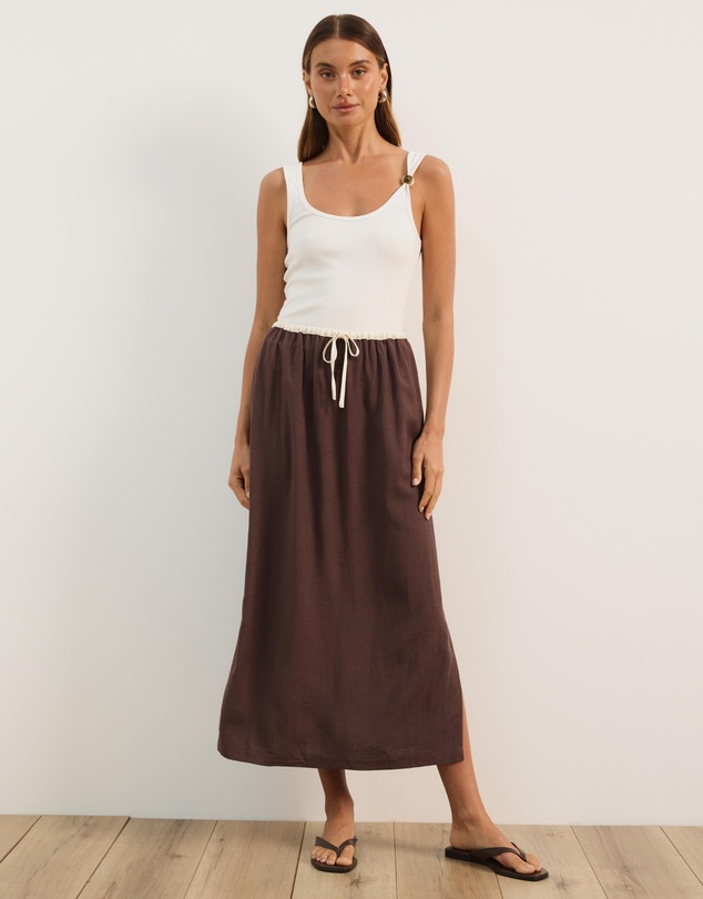 Atmos&Here - Jade Linen Blend Contrast Midi Skirt