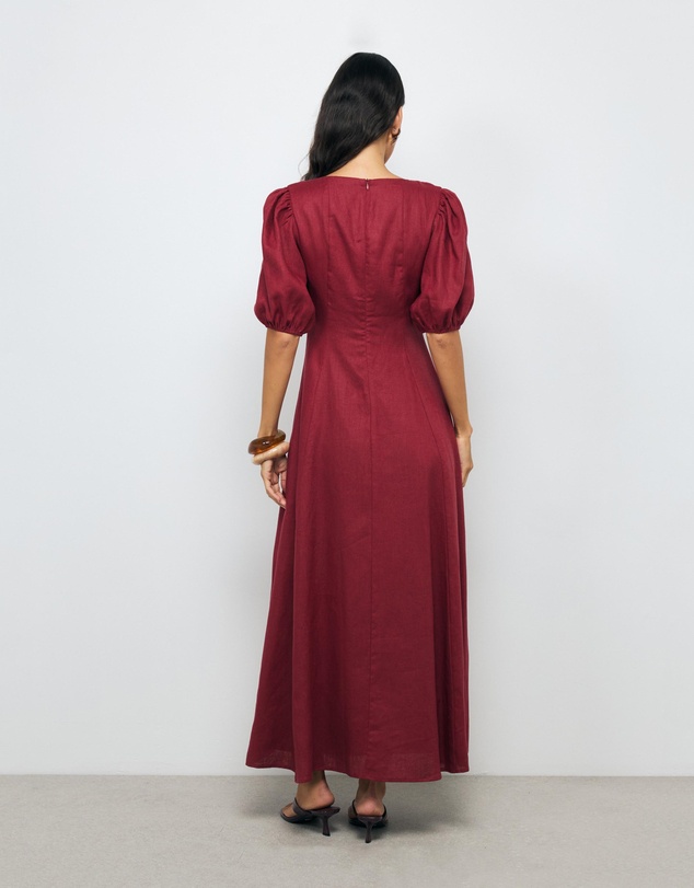 AERE - Portia Linen Puff Sleeve Midi Dress