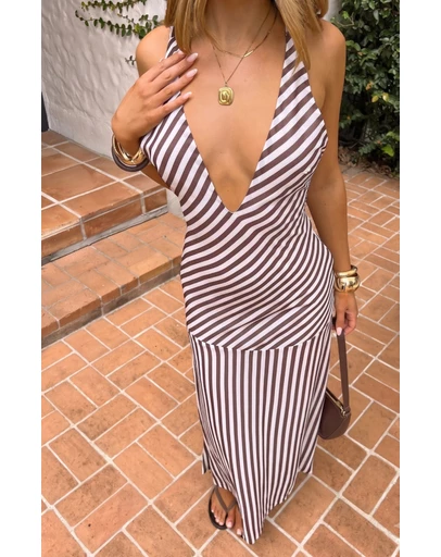 Beginning Boutique - Cornell Brown Stripe Maxi Dress