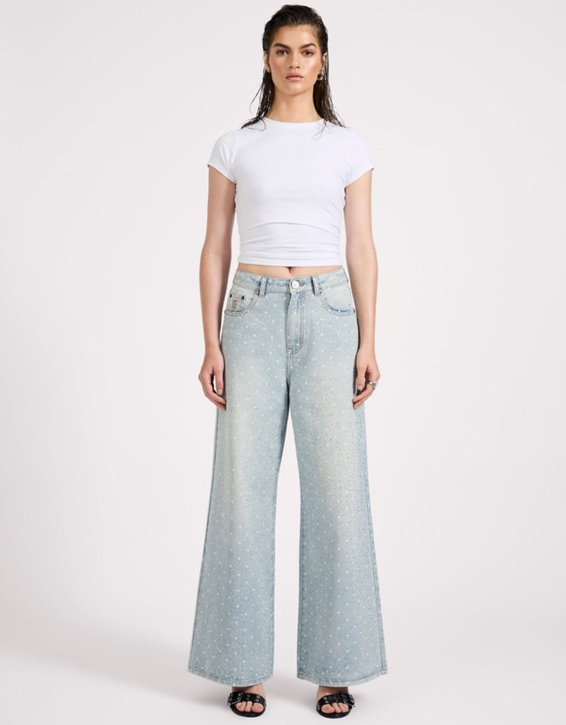 ONE TEASPOON - Love Machines Mid Waist Super Wide Leg Denim Jeans - Blue Sparkle