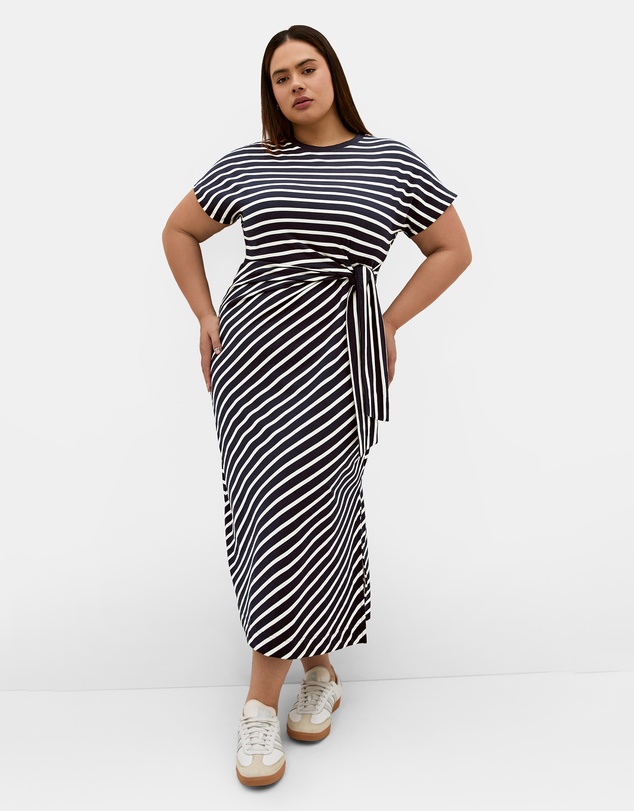 City Chic - Plus size Claire Stripe Side Tie Midi Dress - navy