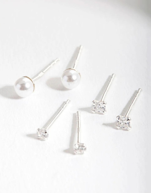 Lovisa - Sterling Silver Cubic Zirconia Pearl Stud Earring Pack