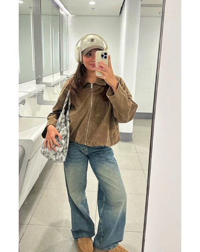 Beginning Boutique - River Brown Suedette Bubble Hem Bomber Jacket