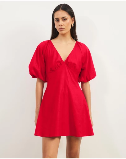 Atmos&Here - Kelly Linen Blend Puff Sleeve Mini Dress