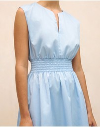 Trenery - Cotton Sateen Shirred Waist Dress in Blue Marble