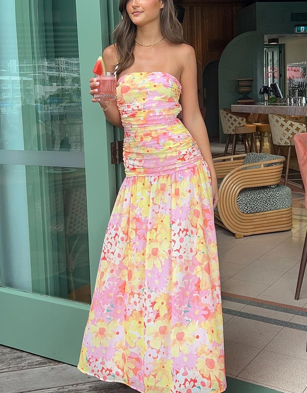 Beginning Boutique - Sinclair Yellow Floral Print Strapless Maxi Dress