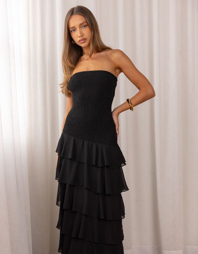 Beginning Boutique - Riles Black Strapless Ruffle Maxi Dress