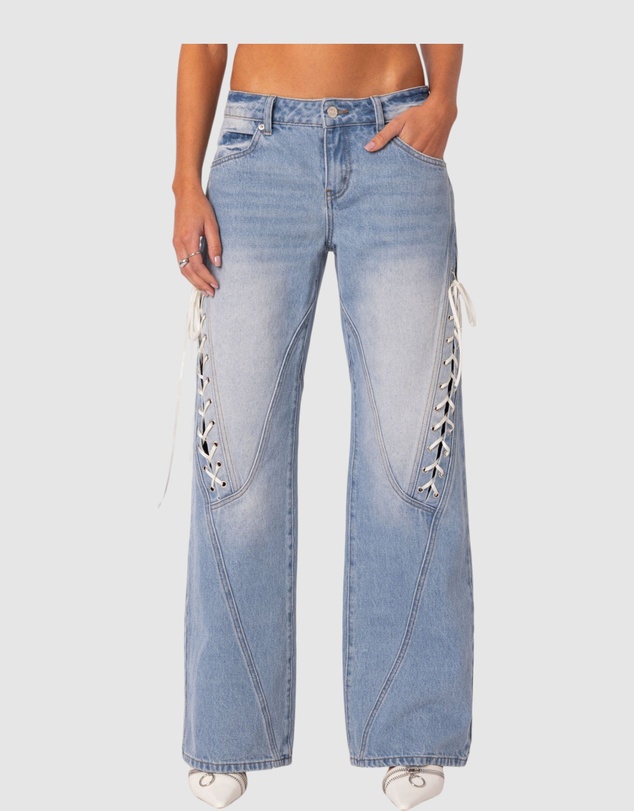 EDIKTED - Low Rise Ribbon Lace Up Jeans