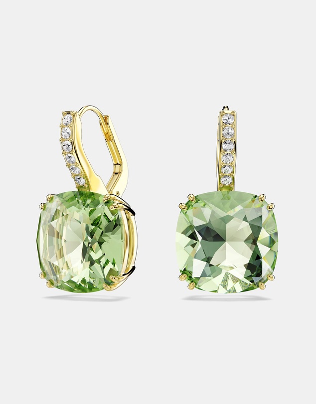 Swarovski - Millenia Drop Earrings, Cushion Cut, Green, 18K Gold Finish