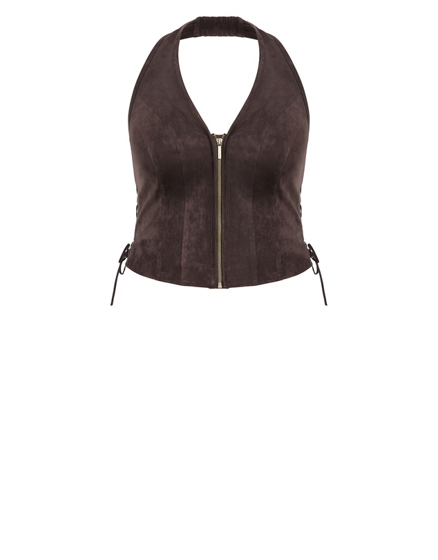 City Chic - Plus size Harlow Sueded Halter Zip Top - espresso