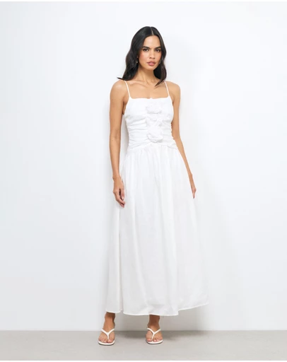 AERE - Eloe Ruched Linen Flower Maxi Dress