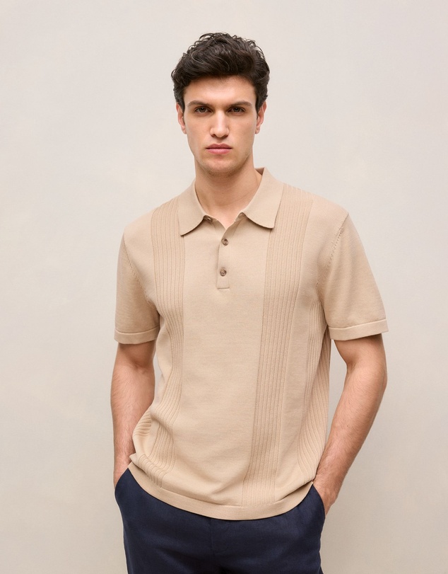 Trenery - Mercerised Cotton Rib Detail Knit Polo in Sand