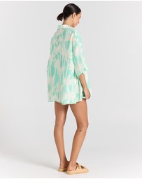 Poolside Paradiso - Palms 100% Linen Over Shirt - Mint