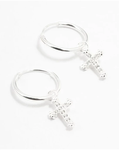 Lovisa - Sterling Silver Cubic Zirconia Cross Hoop Earrings