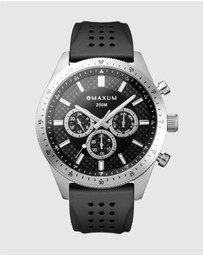 Maxum - Lansdowne Multifunction Chrono Silver Tone Case, Black Dial & Black Silicone Band