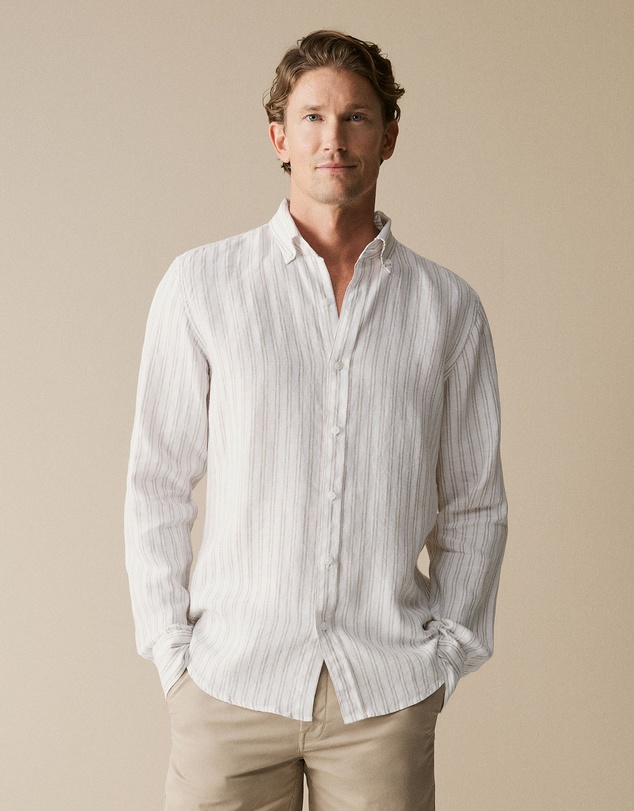 Trenery - Regular Fit Linen Stripe Shirt in Flax