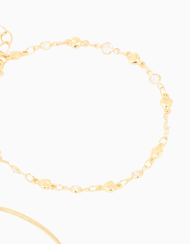 Lovisa - Gold Cubic Zirconia Heart & Snake Chain Bracelets 2-Pack