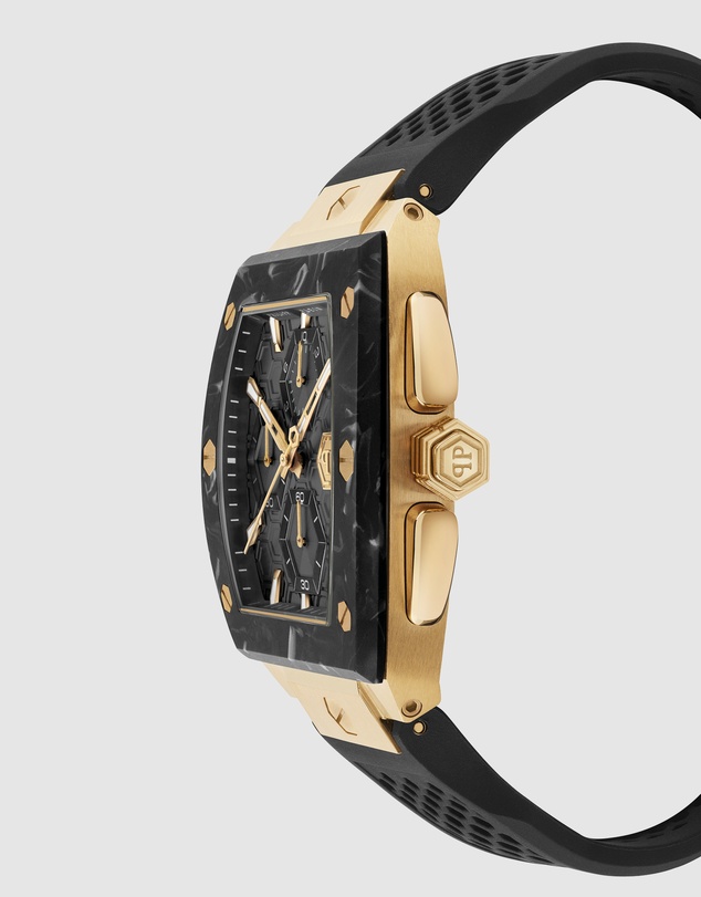 Philipp Plein - Philipp Plein Hexagon Phantom Chrono 44mm Black Dial Black Silicone Strap Watch