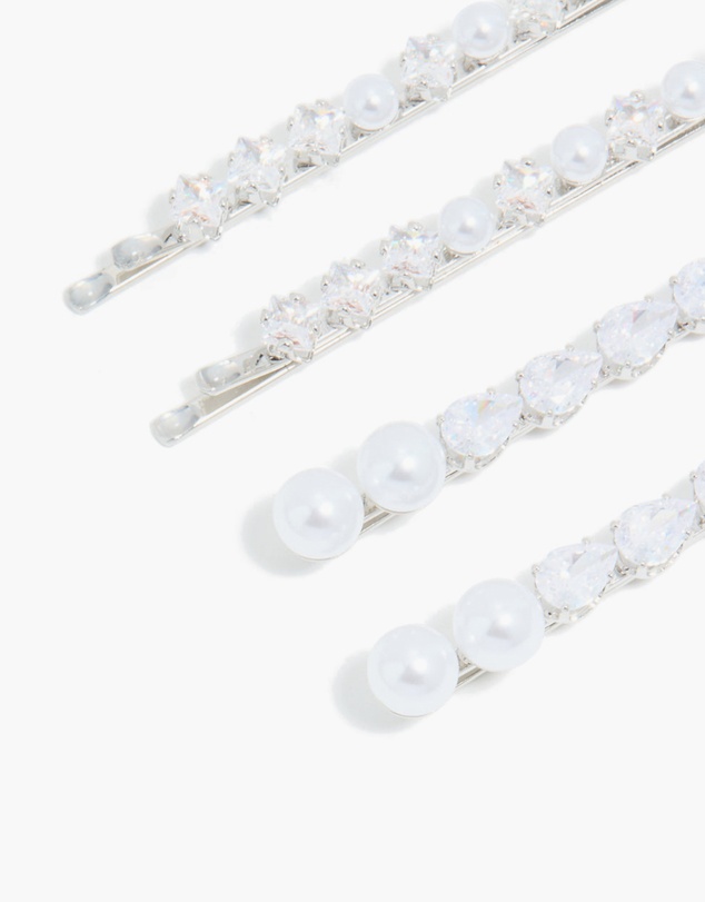 Lovisa - Silver Plated Cubic Zirconia & Pearl Hair Clips 4-Pack