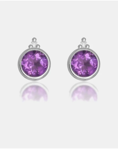 Georgini - Natural Amethyst And Two Natural Diamond February Silver Earrings