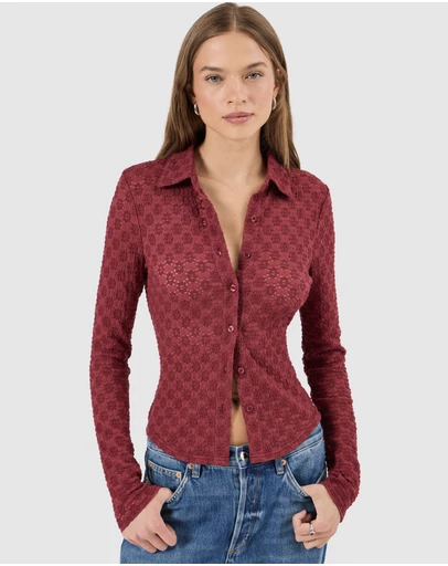 Rolla's - Daisy Lace Long Sleeve Shirt - Dark Cherry