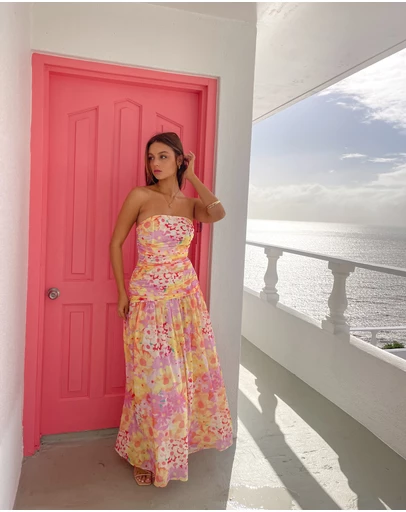 Beginning Boutique - Sinclair Yellow Floral Print Strapless Maxi Dress