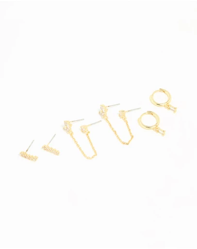 Lovisa - Gold Plated Brass Cubic Zirconia Chain & Stud Earrings 3-Pack