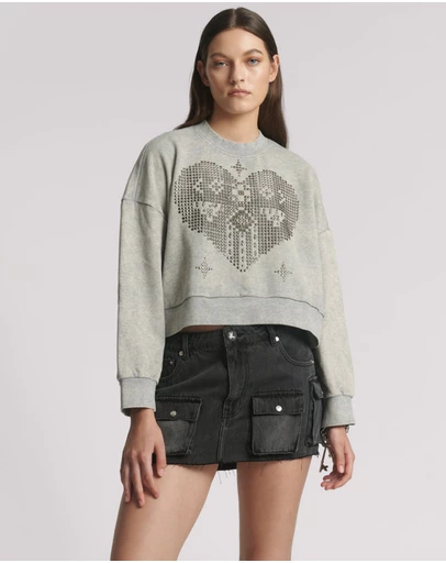ONE TEASPOON - Studded Heart Grey Cropped Sweater - Grey Marl