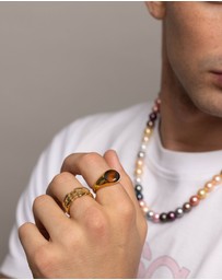 Nialaya Jewellery - Gold Oval Signet Ring with Brown Tiger Eye