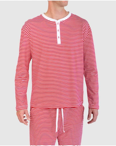 Sant And Abel - Men's Jersey Red Stripe Henley Top