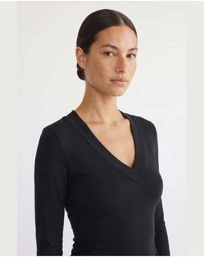 Style Addict - Margaux Deep V Henley Top - Black