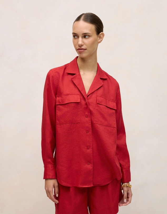 Trenery - Linen Pocket Detail Long Sleeve Shirt in Cherry Red