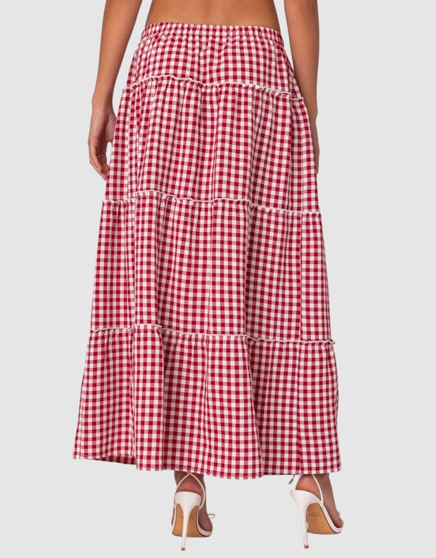 EDIKTED - Gingham Side Slit Tiered Maxi Skirt