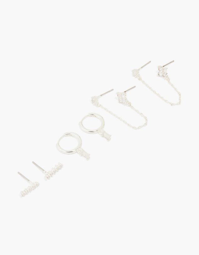 Lovisa - Silver Plated Brass Cubic Zirconia Chain & Stud Earrings 3-Pack