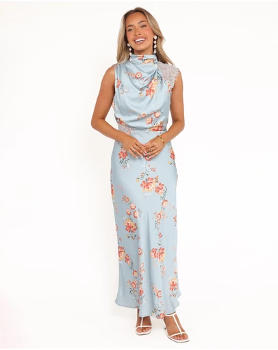 Petal & Pup - Anabelle Halter Neck Lace Maxi Dress - Blue Floral