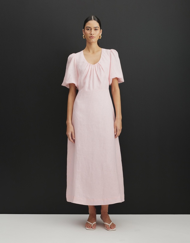 AERE - Serena Linen Puff Sleeve Midi Dress
