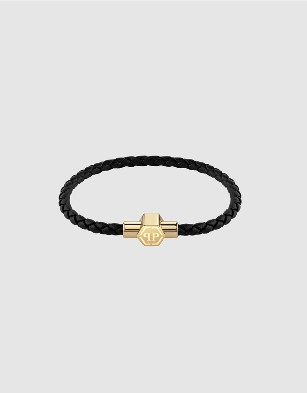 Philipp Plein - PLEIN ENIGMA IP Yellow Gold Hexagon Magnetic Black Leather Bracelet