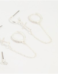 Lovisa - Silver Plated Brass Cubic Zirconia Cross Stud & Chain Earrings 4-Pack