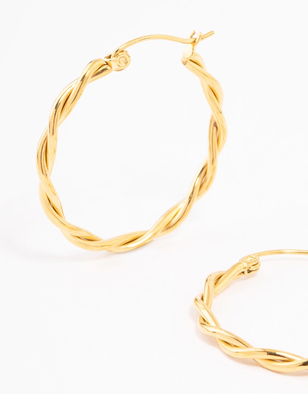 Lovisa - Waterproof Gold Plated Stainless Steel Medium Thin Twisted Hoop Earrings