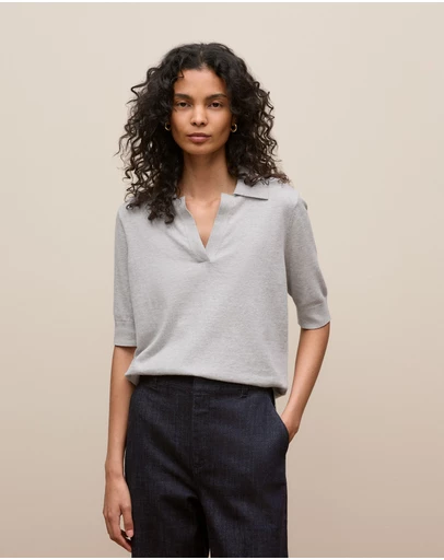 Trenery - Cotton Cashmere Half Sleeve Polo in Grey Marle