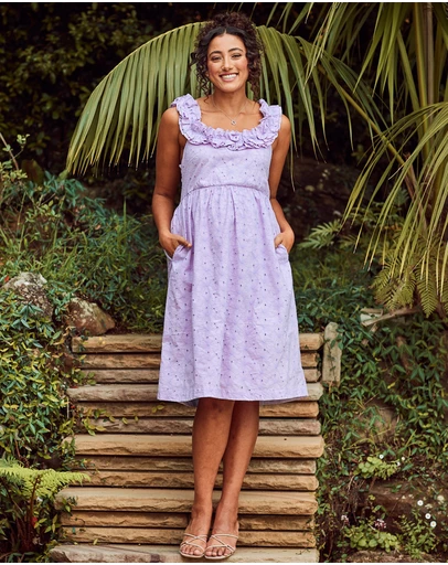 Angel Maternity - Natalie Maternity Ruffled Neckline Eyelet Dress in Lilac