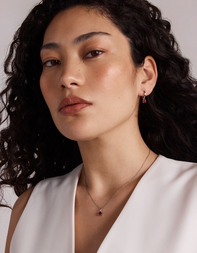 Michael Hill - Round Cut Red Created Ruby Gemstone Hoop Earrings and Pendant Necklace Set in Sterling Silver