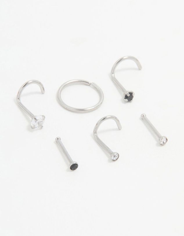 Lovisa - Surgical Steel Black Cubic Zirconia Nose Ring & Stud 6-Pack