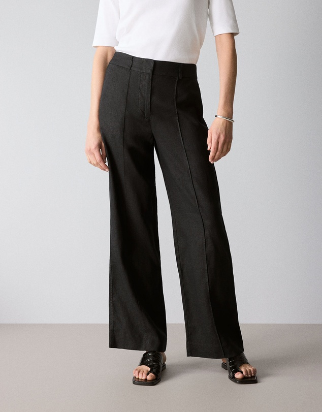 Trenery - Linen Pintuck Detail Wide Leg Pant in Black